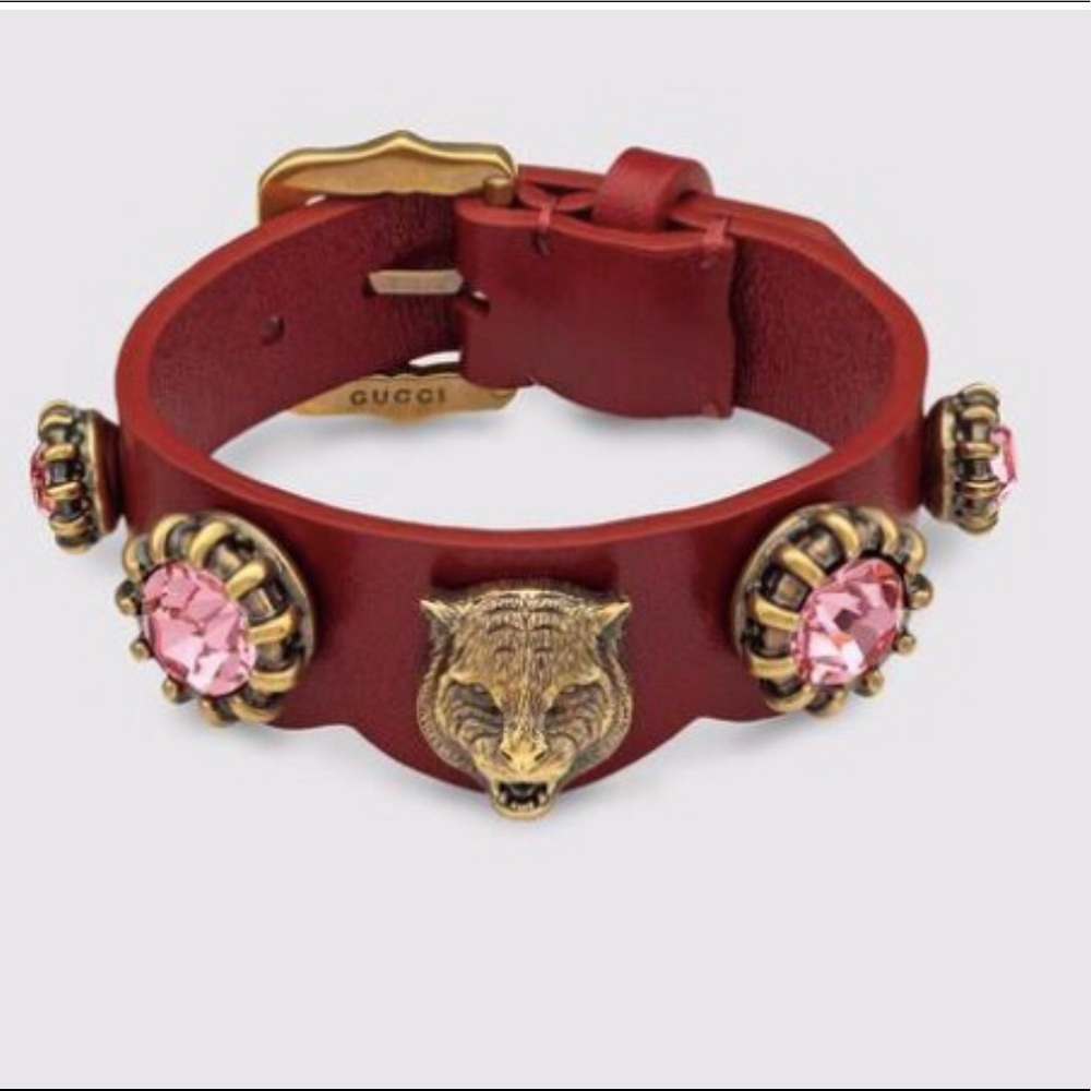 NEW Gucci Red Leather Tiger Head Buckle Bracelet
